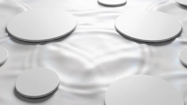 White circles interact with abstract capillary waves creating a dynamic surface pattern with texture and movement