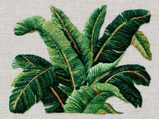 Textile Art Green Tropical Leaves Hand Embroidery on Fabric Craft