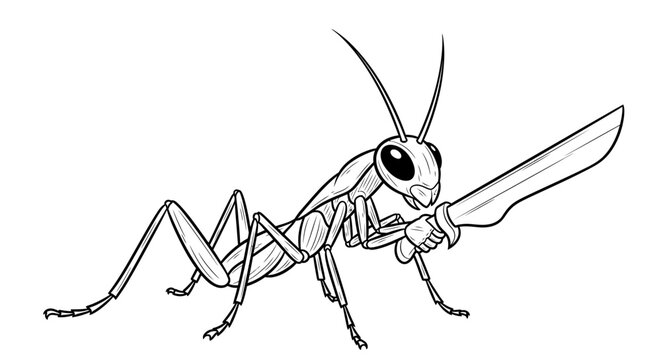 Grasshopper warrior with sword isolated on white background