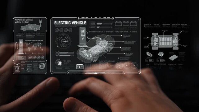 Technical layout of electric vehicle showing battery system, power control, traction motor, charging interface, and integration with renewable and smart energy sources Marrow