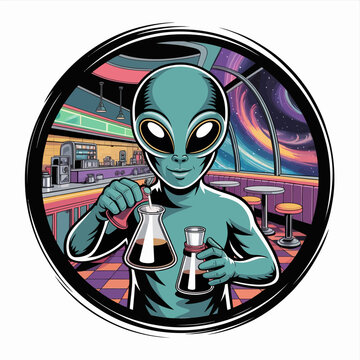 Alien bartender holding two beakers.