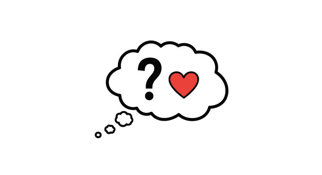 Thoughtful expression with question mark and heart.