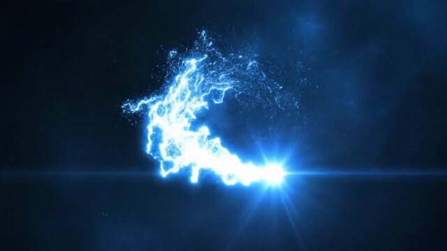 Bright blue light moves and flashes against a dark blue background in a dynamic display of energy