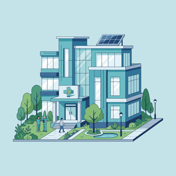 Modern medical building with green landscaping and people walking