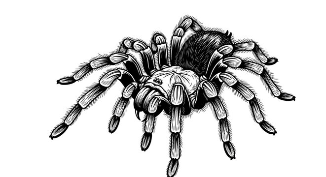 Detailed black and white tarantula spider illustration on white background