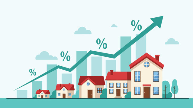 Real estate market growth showing houses of varying sizes on upward trend chart with percentage icons for price increase.