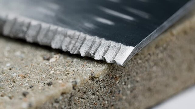 Closeup of a microserrated bevel being carefully sharpened focusing on the intricate teeth pattern and sharpness under controlled lighting for maximum detail.