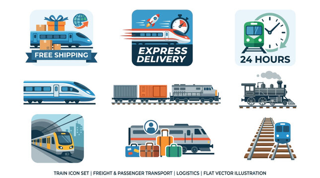 Collection of train-related icons for shipping, express delivery, and transportation logistics services