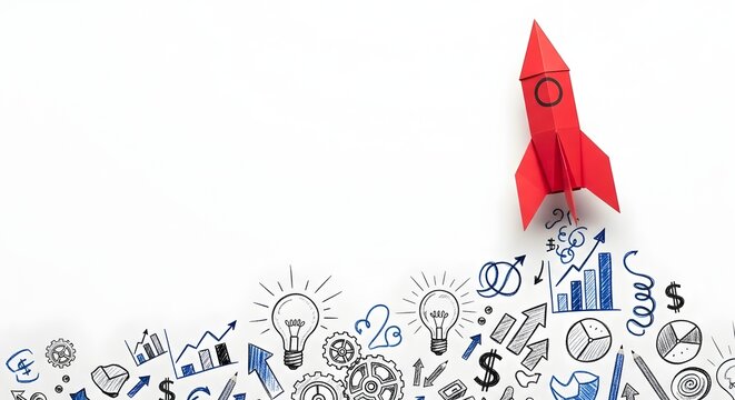 Red paper rocket launching above business finance and innovation strategy sketches, representing startup success, financial growth and creative ideation