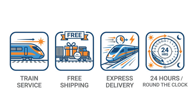 Set of four vector icons representing different transportation and delivery services, including train service, free shipping, express delivery, and 24-hour round the clock availability
