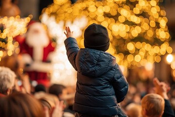 Fototapeta premium Child waving at santa in festive christmas parade with winter bokeh lights