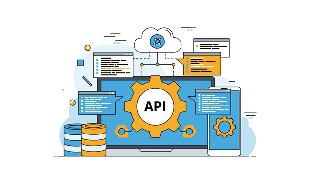 Application programming interface concept with API gear, source code snippets, cloud computing, and mobile integration icons.