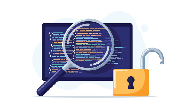Software security audit and code review concept featuring a magnifying glass examining code next to an open padlock.