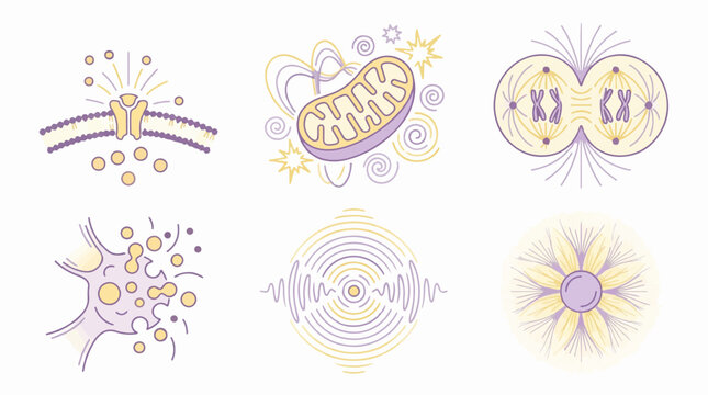 Set of biological cell process icons including mitochondria and mitosis