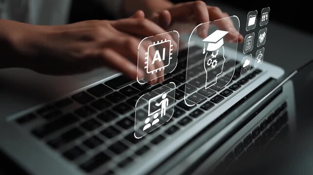 Hands typing on a laptop keyboard with digital icons representing artificial intelligence, education, data analysis, and technology concepts in the background Gluon.