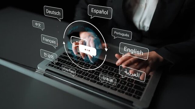 Hands on a Laptop Keyboard with Multilingual Language Options Displayed in Modern Interface Design for Global Communication and Learning Gluon.