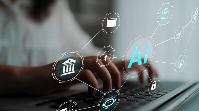 Hands typing on a laptop with AI graphics representing technology, business, data, and digital innovation for modern computer systems and applications Gluon.