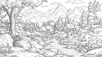 Obraz premium Peaceful mountain village landscape drawing
