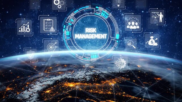 Futuristic Concept of Risk Management with Digital Interface Icons and Earth Background Depicting Global Business and Technology Strategies Sigmoid