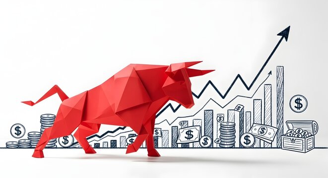 Red origami bull standing before financial growth charts and stock market sketches, symbolizing investment success, wealth generation and economic boom