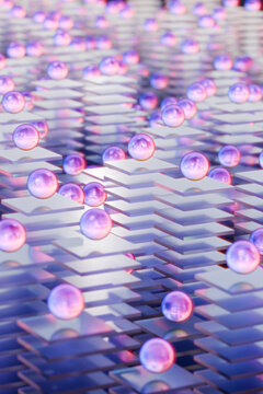Abstract 3D Render of Blue Glass Platter Towers and Floating Spheres