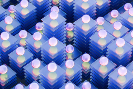 Abstract 3D Render of Blue Glass Platter Towers and Floating Spheres