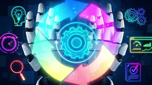 Futuristic Robotic Hands Interacting with Colorful Digital Interface and Icons Representing Technology, Innovation, Intelligence, and Automation Sigmoid