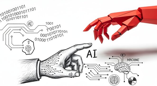 Red 3D robotic hand touching human hand sketch surrounded by artificial intelligence and machine learning diagrams, representing future human computer interaction