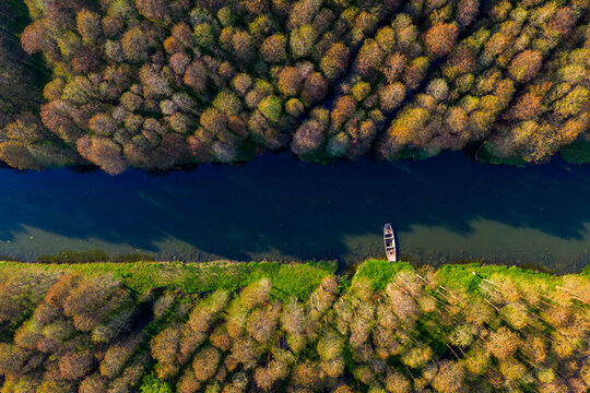 Aerial View of Canal Cutting Through Autumn Forest
