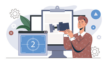 Fototapeta premium Videographer at desk. Vector illustration