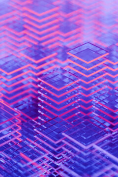 Abstract 3D Rendering of Glowing Neon Geometric Towers