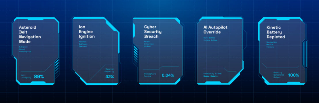 Cyberpunk game interface frame featuring advanced tech panels, holographic HUD elements and neon blue borders for immersive digital screen layouts and futuristic control systems