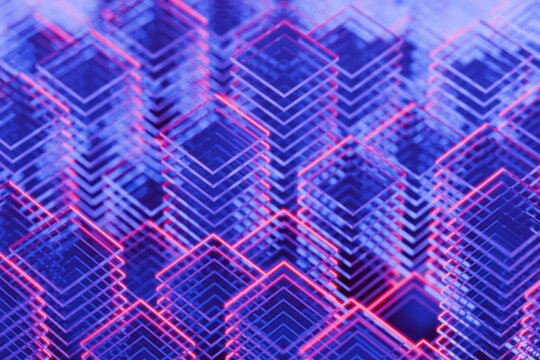 Abstract 3D Rendering of Glowing Neon Geometric Towers