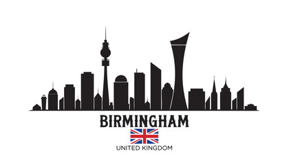 Obraz premium Vector illustration of Birmingham skyline in black silhouette, with “BIRMINGHAM” text, on white background, modern city identity and tourism design