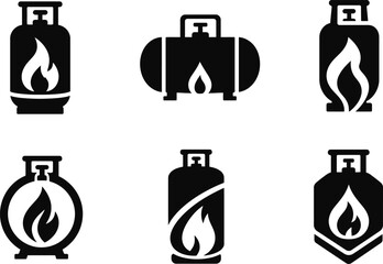 Complete set of 6 black gas cylinder and propane tank icons with flame designs. Includes upright cylinder, horizontal tank, © Netsolbiz
