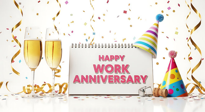 Two champagne flutes and party hats celebrate happy work anniversary celebration