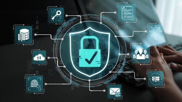 Digital Security Concept with Shield, Lock, and Data Protection Symbols Displayed on a Computer Screen with Infographic Elements Sigmoid