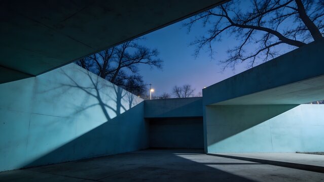 Abstract interplay of dramatic tree shadows on a concrete wall during the serene blue hour twilight.