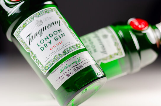 LONDON, UK - 28 MARCH 2024 Tanqueray London Dry Gin, a four-times distilled gin, made from a combination of refreshing juniper, peppery coriander, aromatic artemisia and sweet liquorice