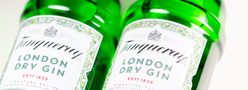 LONDON, UK - 28 MARCH 2024 Tanqueray London Dry Gin, a four-times distilled gin, made from a combination of refreshing juniper, peppery coriander, aromatic artemisia and sweet liquorice