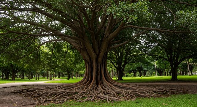 Giant ancient banyan tree roots wide branch park landscape background
