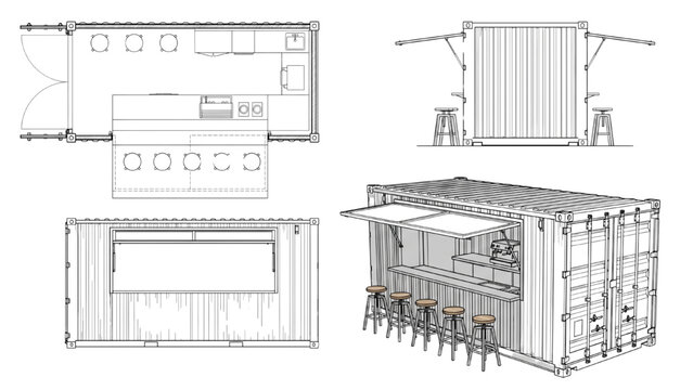 Shipping Container Bar Design: Architectural sketches and isometric view of a modern, stylish bar crafted from a shipping container. CAD Blocks Icon Sheet Vector