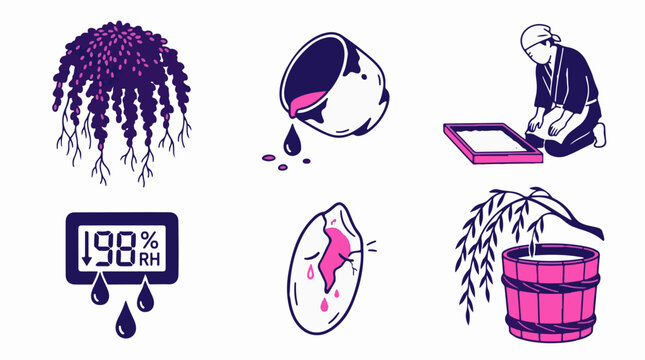 Set of vector icons depicting traditional paper making process with plant fibers and humidity measurement in a minimalist flat graphic style