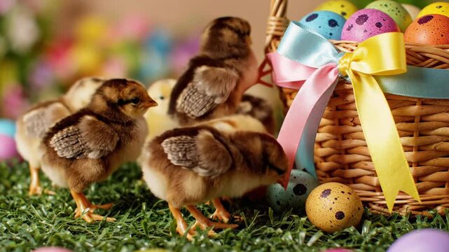 Close up of group of chicks exploring around Easter basket filled with colorful eggs during springtime
