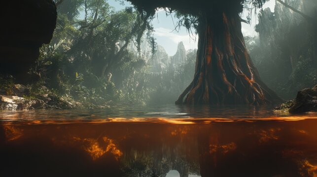 Misty Swamp Forest with Ancient Tree and Submerged Roots