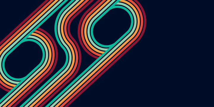 Dark purple background with trendy wavy rainbow lines design. Creative vector template with unique Retro Hippie style. Vector vol. 3
