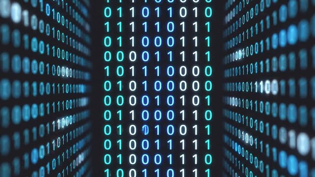 Vertical binary code stream loop with neon teal digital data data