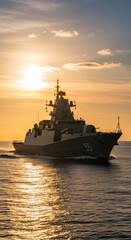 Obraz premium Military warship sailing at sea during sunset. Navy destroyer on patrol. Strategic defense and maritime security concept.