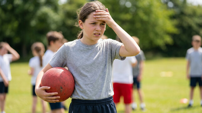 Tired schoolgirl holding red ball on sports field outdoors