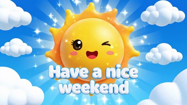Enjoy the sunny weekend with a cute sun smiling in a blue sky among fluffy clouds